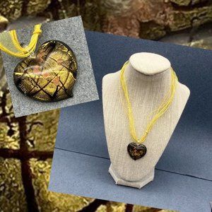 Glass Pendant Necklace Silver Puffy Heart Yellow Ribbon Brown Lines Valentine